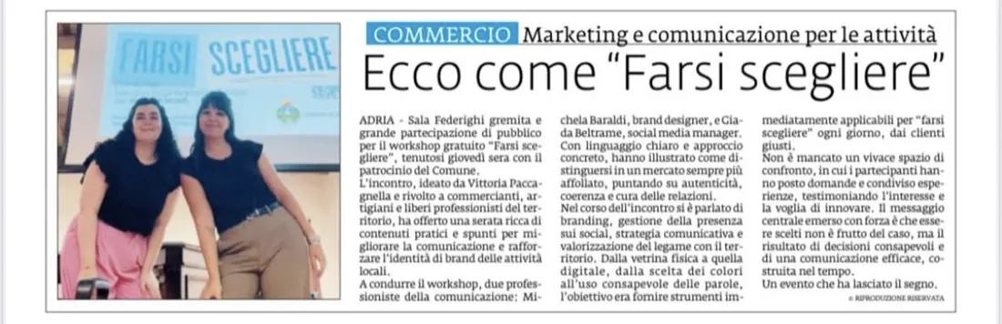 Articolo di giornale sul workshop “Farsi scegliere” con Giada Beltrame e Michela Baraldi