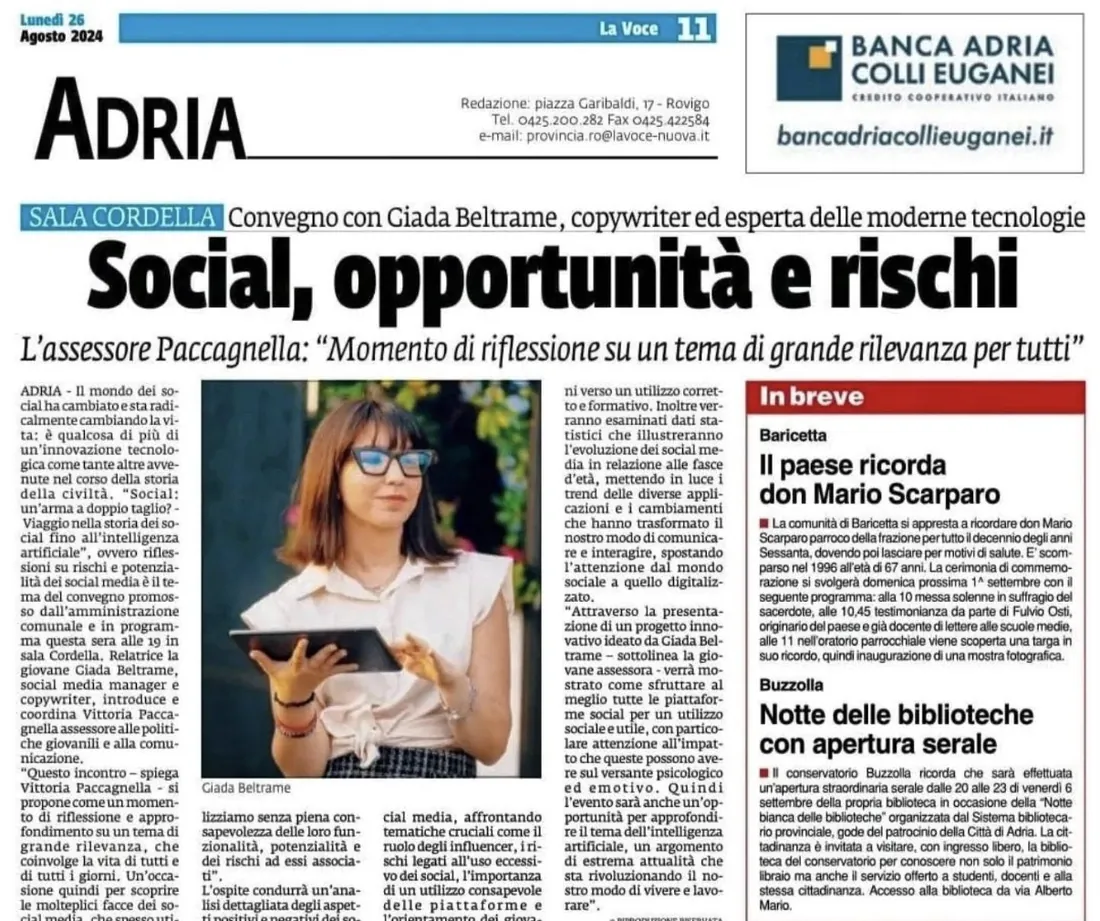 Articolo de La Voce sul convegno “Social, opportunità e rischi” con Giada Beltrame